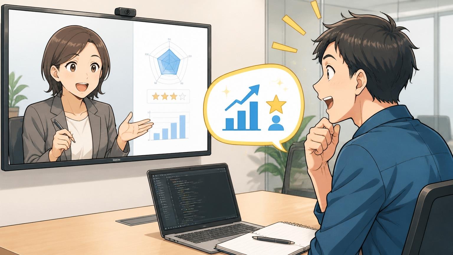 企業の会議室でキャリアアドバイザーとオンライン面談する30代男性エンジニア1人。客観的な市場価値の評価を受けている