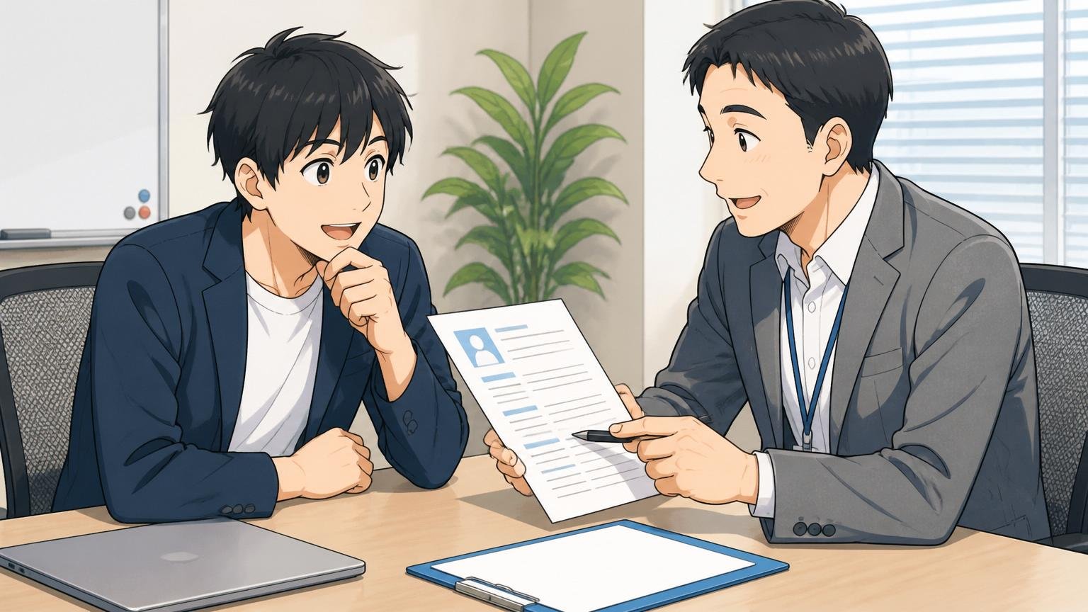 書類添削・面接対策・年収交渉を無料でサポートしてくれる存在。企業の会議室で面談、キャリアアドバイザー1人とエンジニア1人が職務経歴書を見ながら話す穏やかな表情