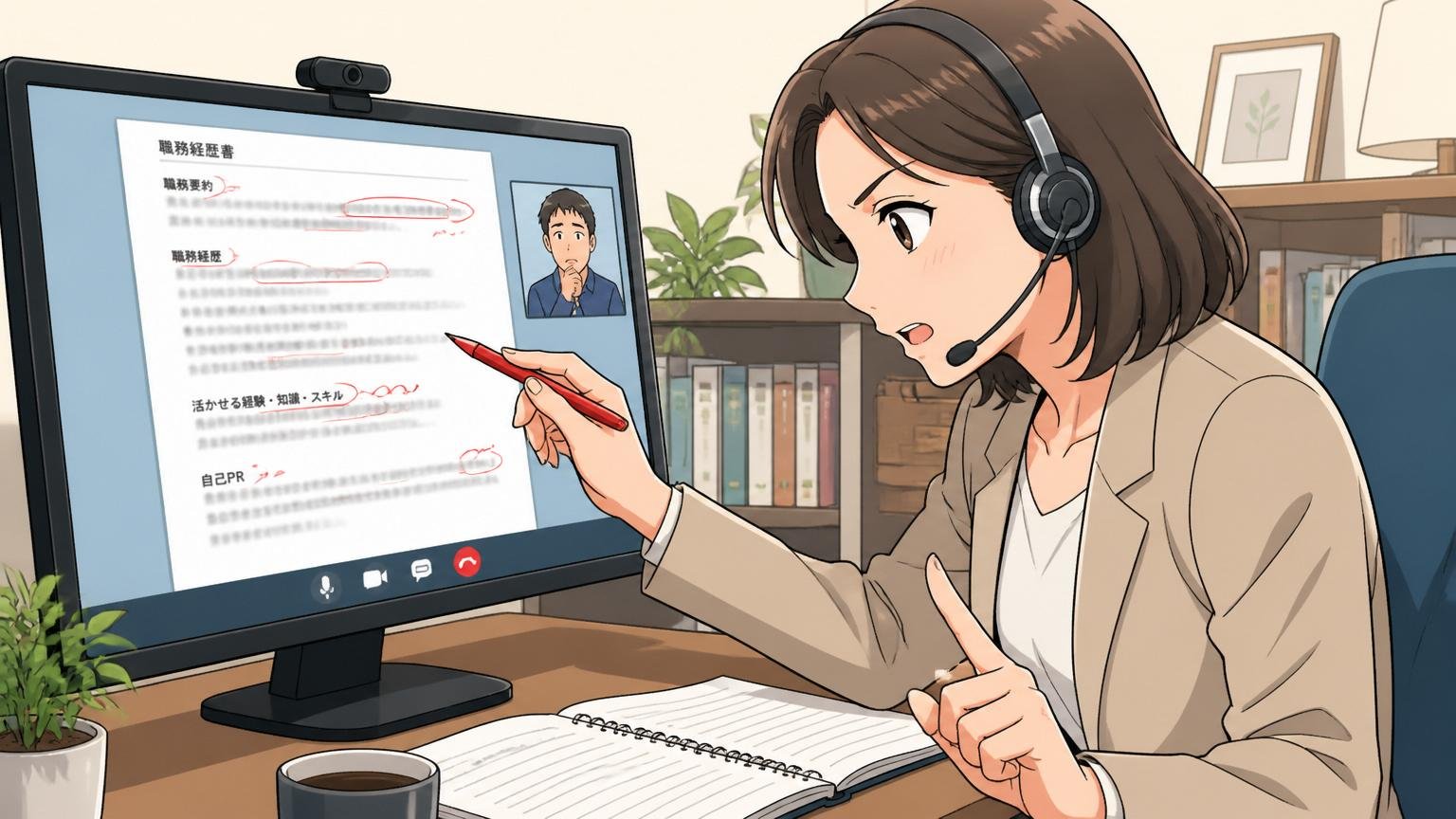 オンライン面談ルームで30代女性アドバイザーが応募者の職務経歴書をモニター越しに添削する、専門家らしい真剣な表情