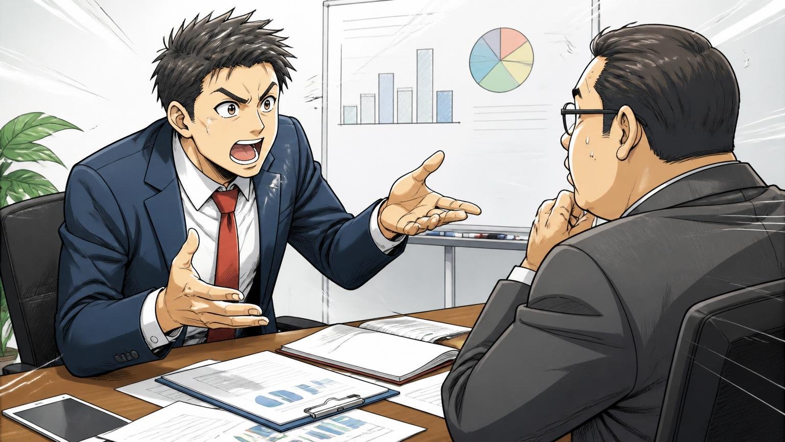 企業の会議室でエージェント1名が企業の人事担当者1名に対して候補者の年収交渉を熱心に行う