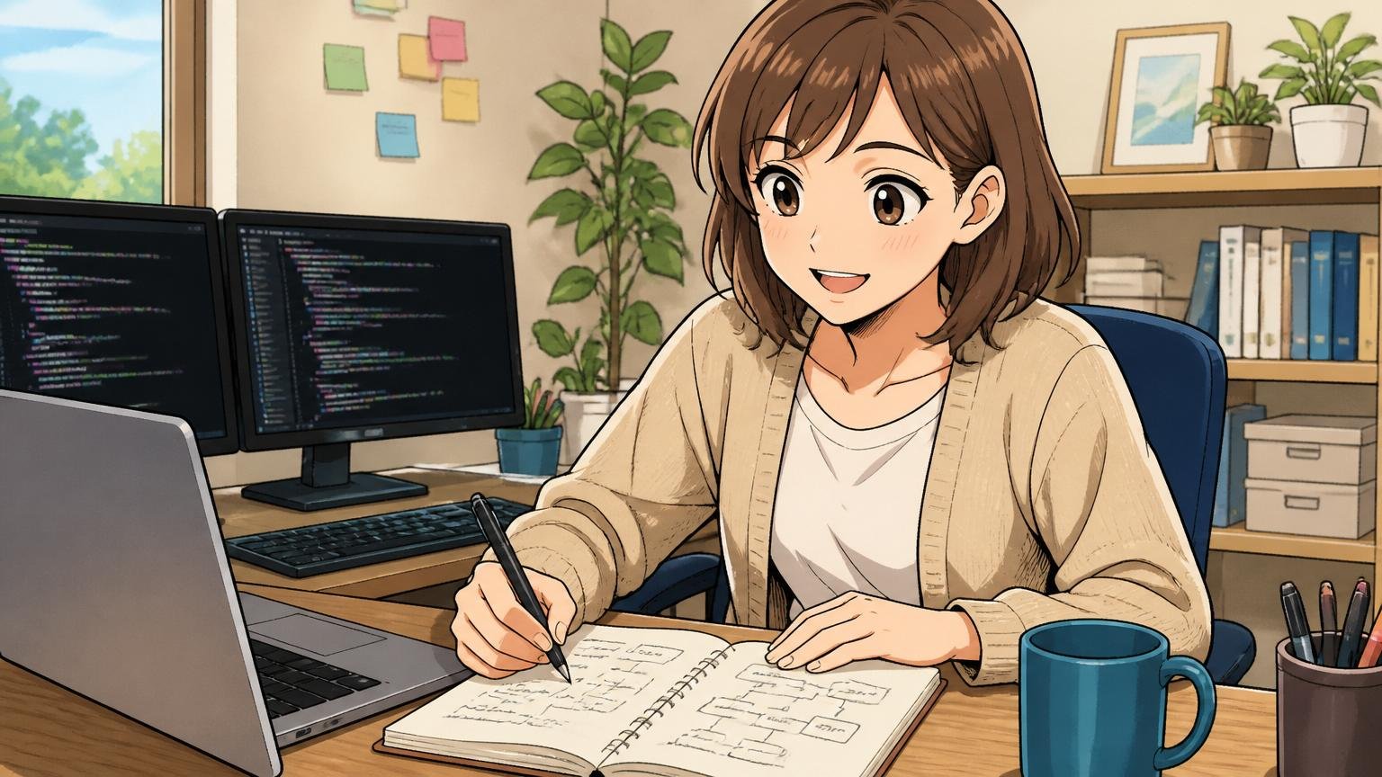 自宅のデスクで在宅勤務、30代女性ITエンジニアがノートに行動計画を書き出している前向きな表情