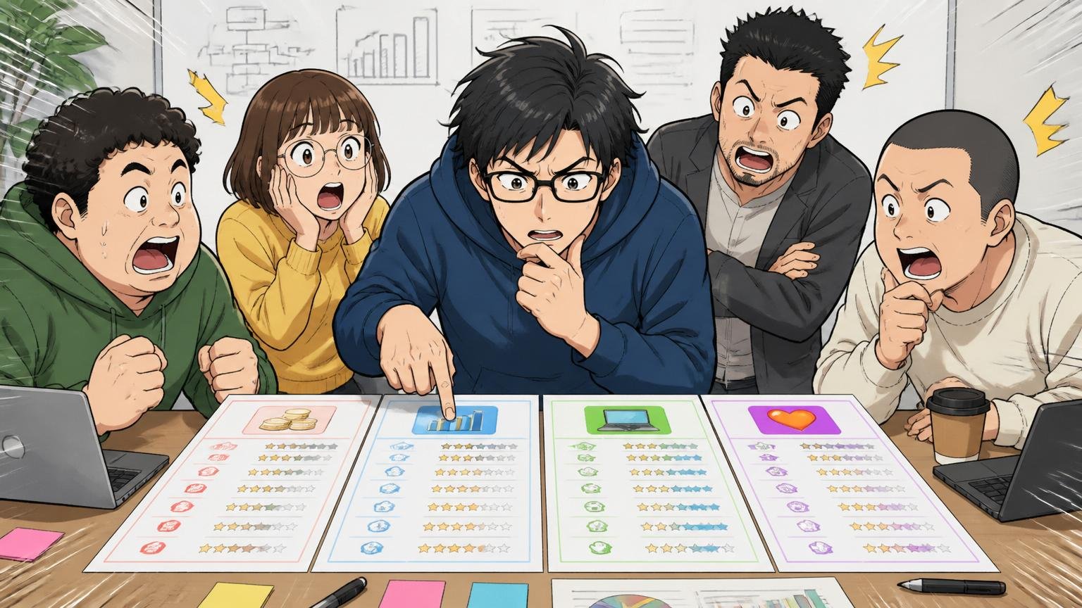 Web系企業の会議室で複数のオファー条件を並べて比較する30代エンジニアの様子