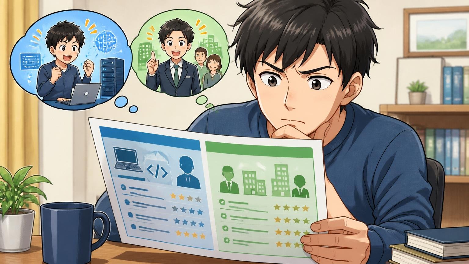 IT特化型と総合型の転職エージェントを比較する資料を見ながら検討するITエンジニア