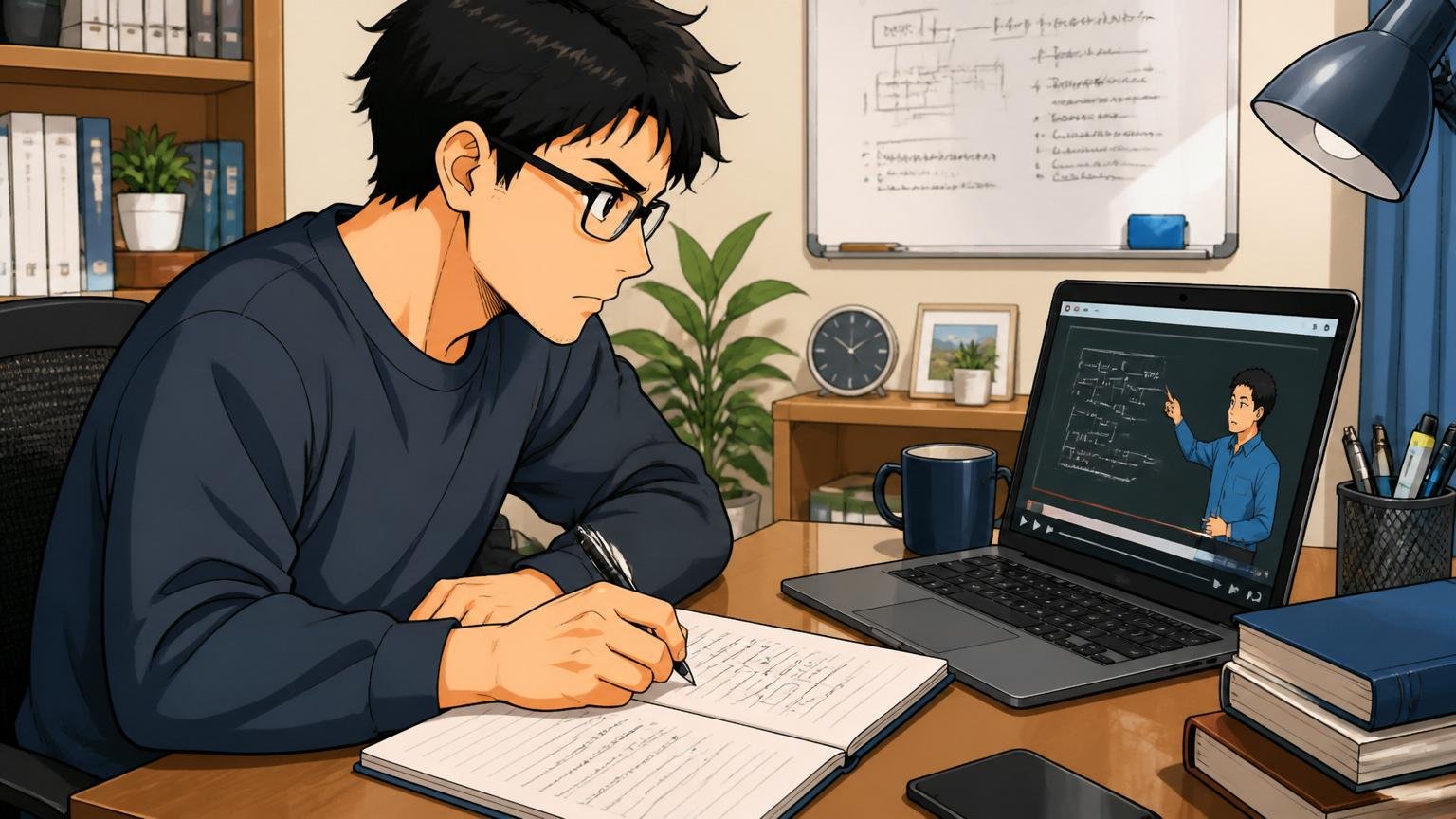 自宅のデスクで30代エンジニアがオンライン学習動画を見ながらノートを取る勉強中の集中した表情