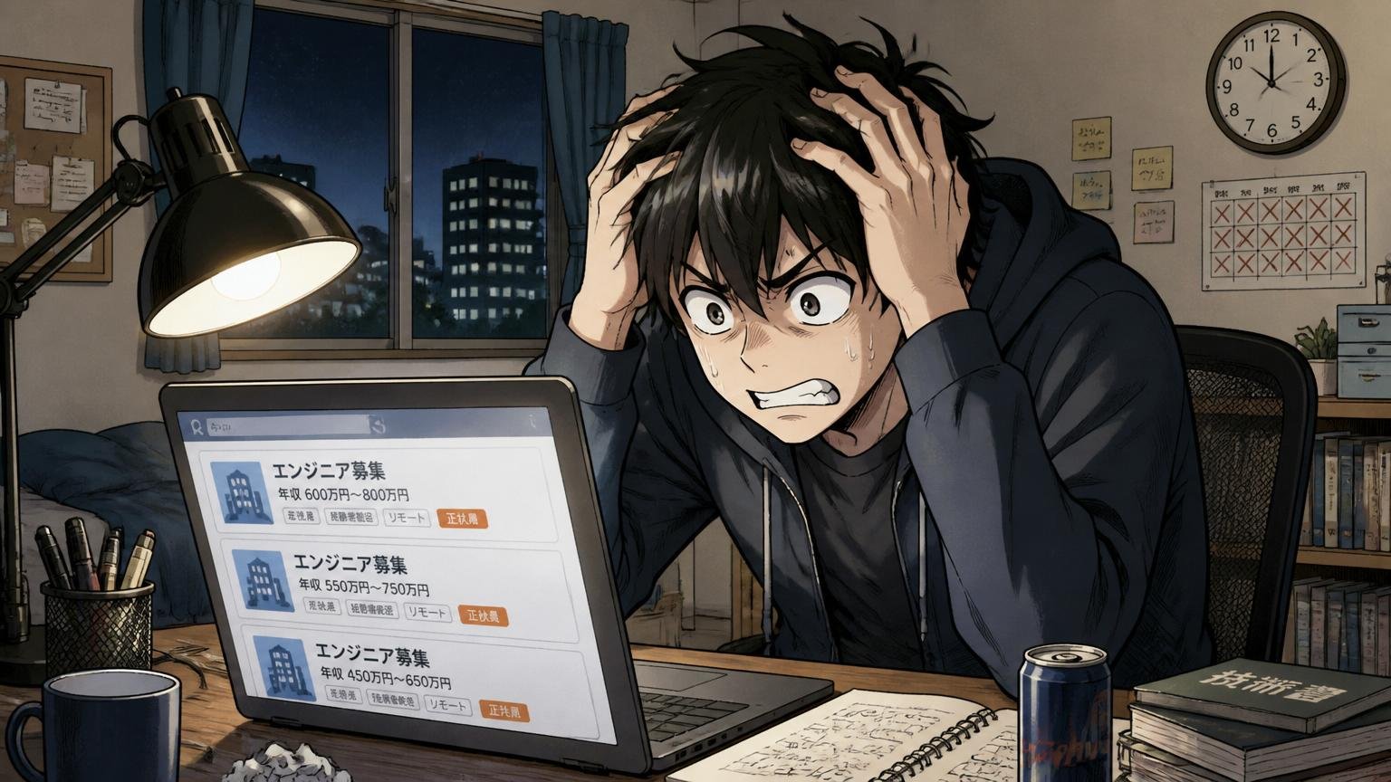 自宅のデスクで深夜にひとり頭を抱えて転職サイトを見つめるエンジニア