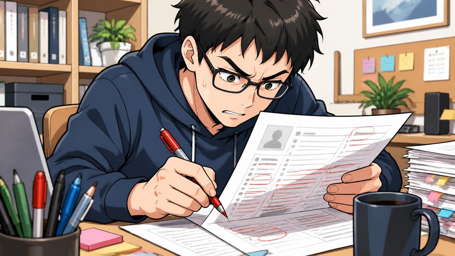 自宅のデスクで職務経歴書をプリントアウトして赤ペンで書き込みながら集中する男性エンジニアの手元