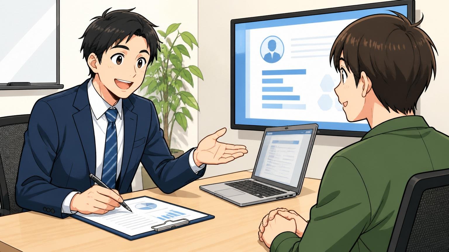 企業の会議室でIT特化型転職エージェントの担当者と応募者が向き合って面談している和やかな様子