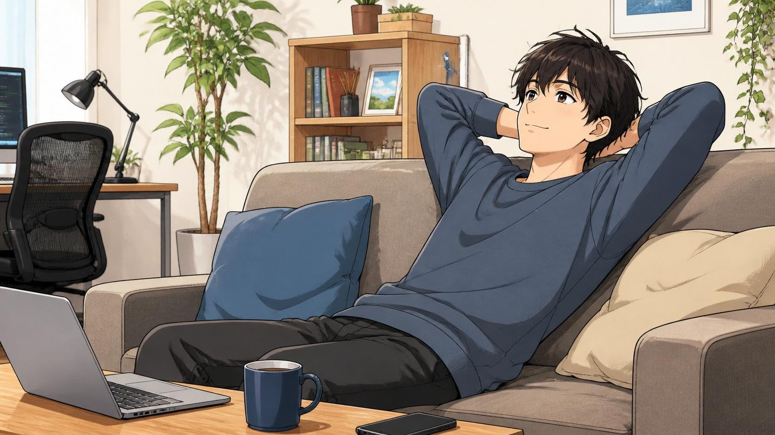 自宅のリビングでソファに座ってリラックスする20代後半のエンジニア1人が穏やかな表情で休んでいる