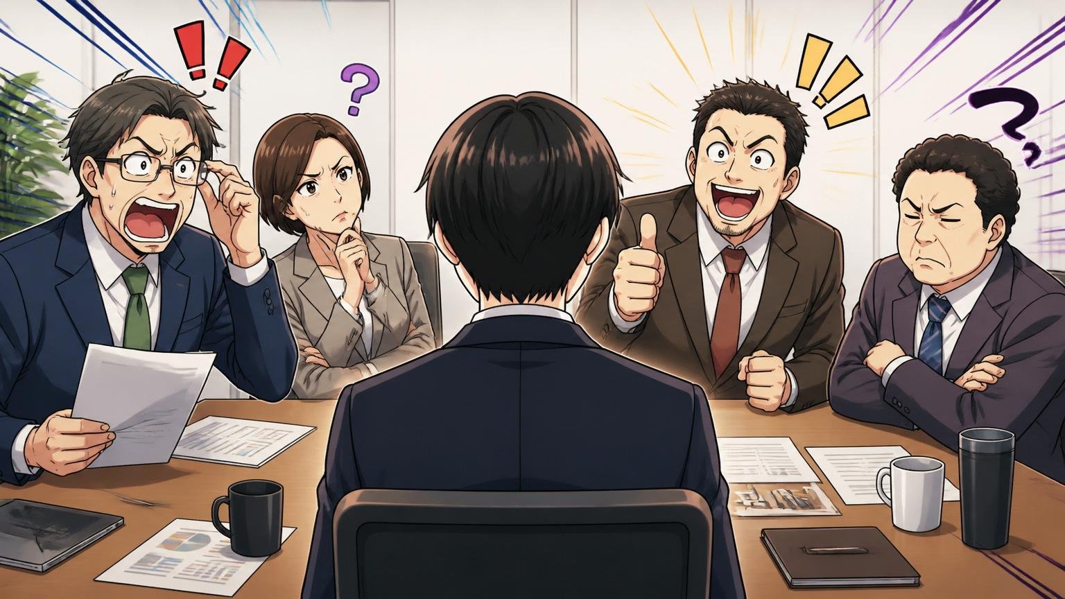 企業の会議室で同じ応募者を見ているのに評価が割れる複数の面接官の対比場面