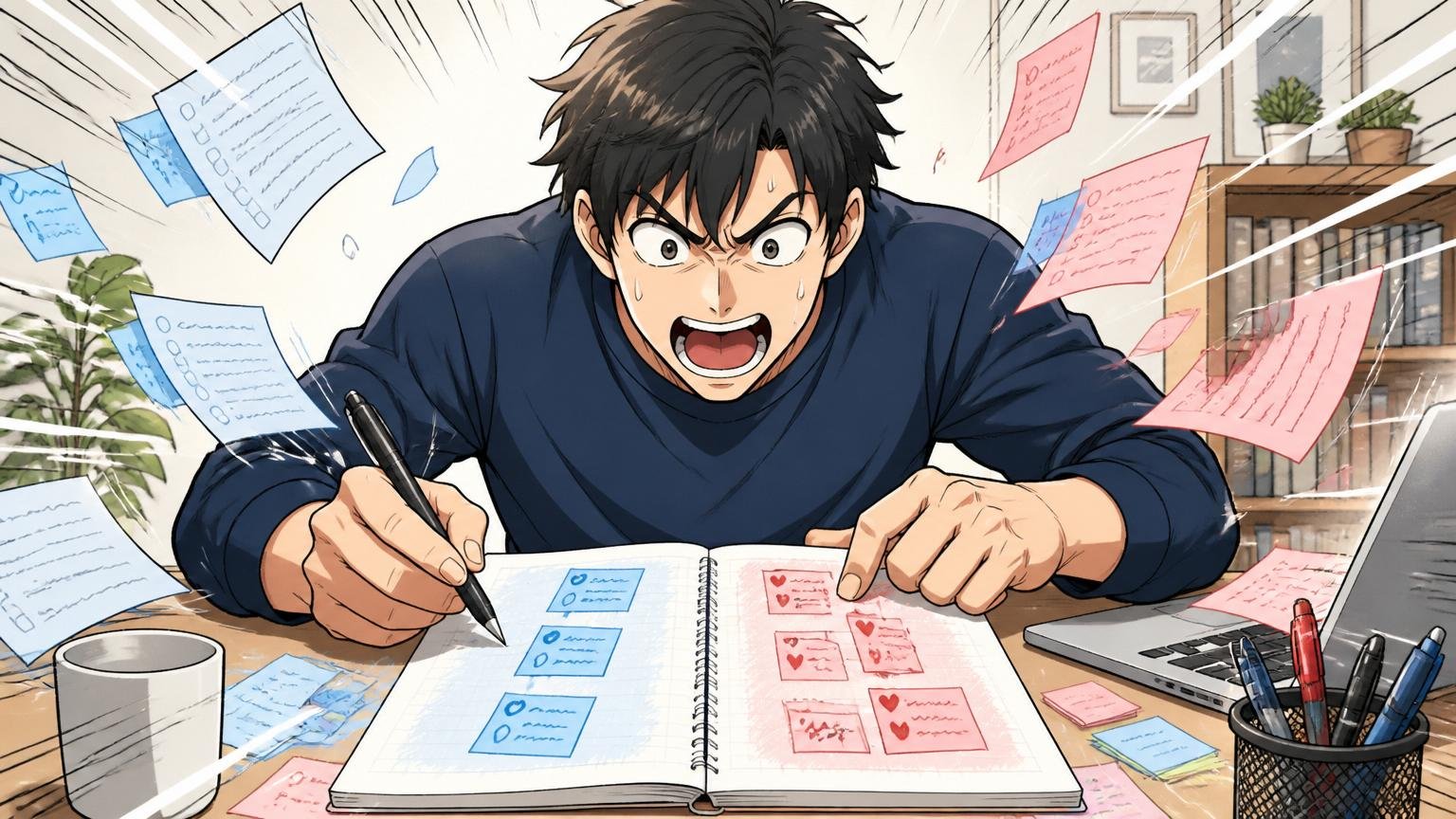 自宅のデスクでノートに事実と感情を分けて書き出す男性エンジニアのシーン。1人。整理する集中のオーバーリアクション