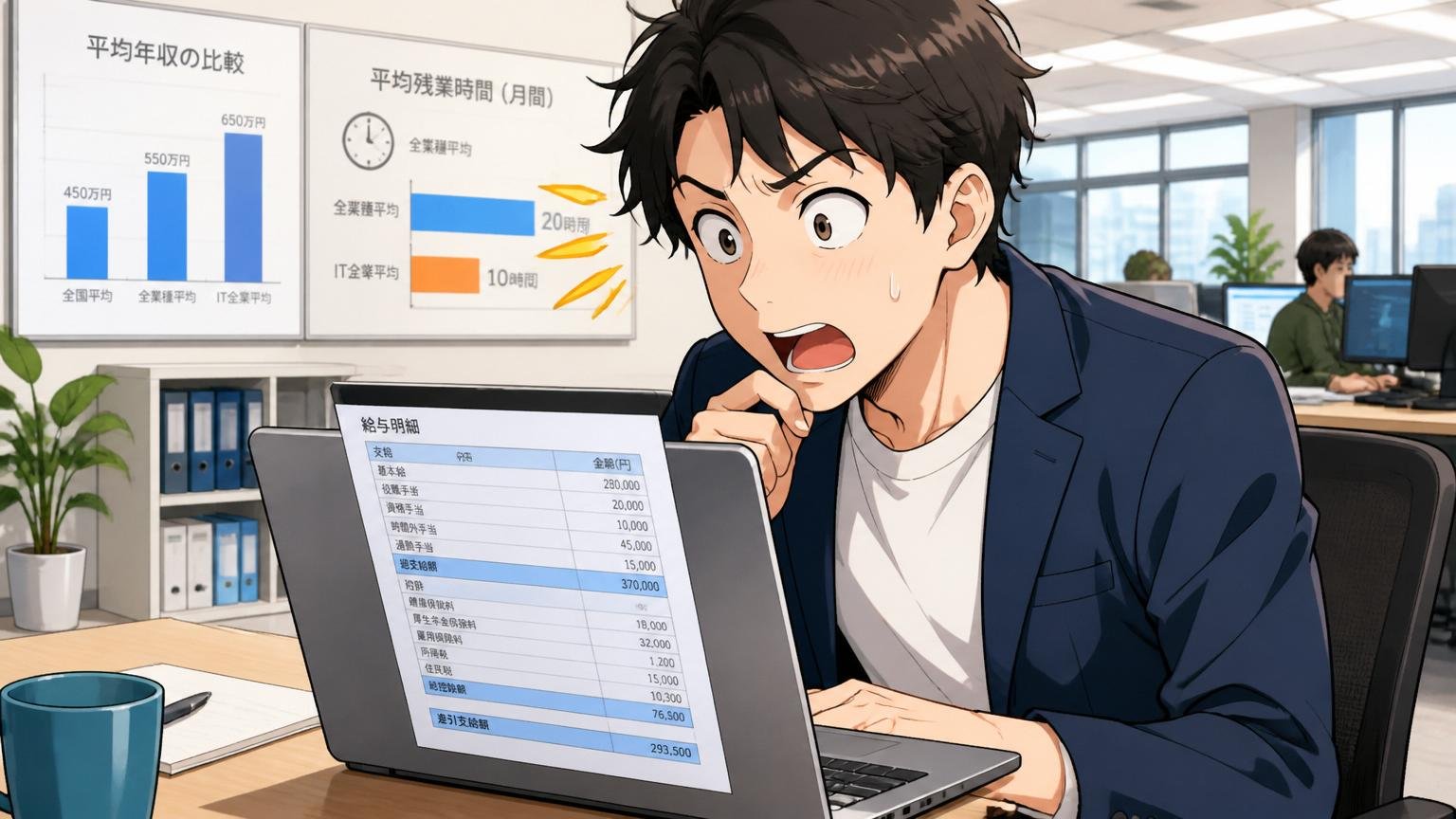 平均年収・残業時間の客観データ、IT企業のオフィスで、社員1人がノートPC画面の給与明細をチェックする