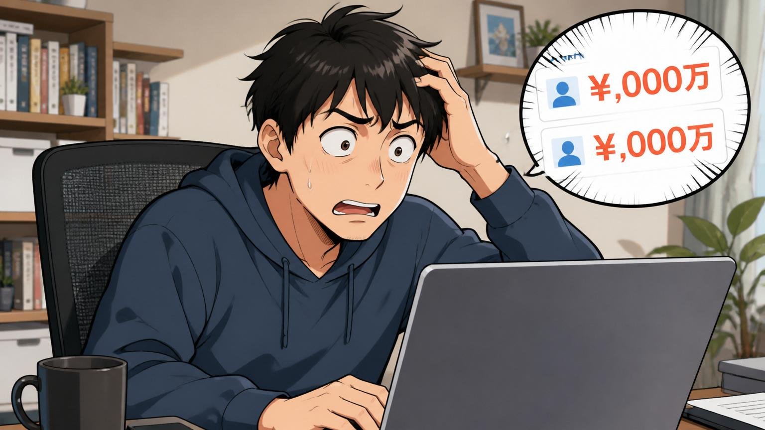 自宅のデスクで在宅勤務中の30代エンジニアが転職サイトのスカウト年収を見て困惑した表情を浮かべている