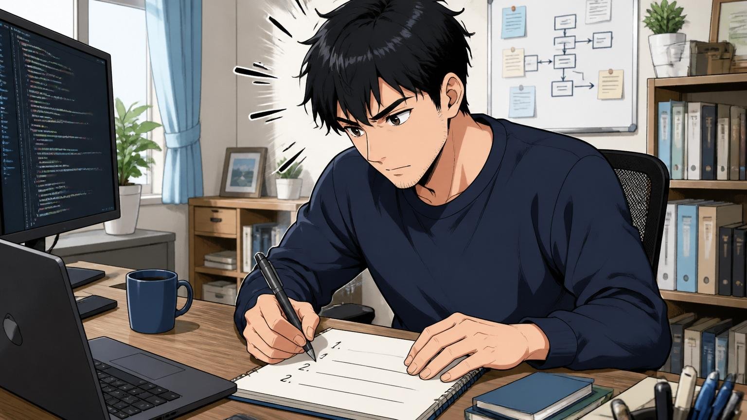 自宅のデスクで在宅勤務中の30代男性エンジニアがノートに落ちた原因を3行で書き出している真剣な表情