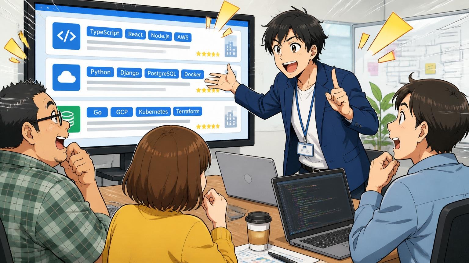 Web系企業の会議室でIT特化型エージェントが技術スタックの話を熱心にするキャリアアドバイザー、画面に求人情報が映っている