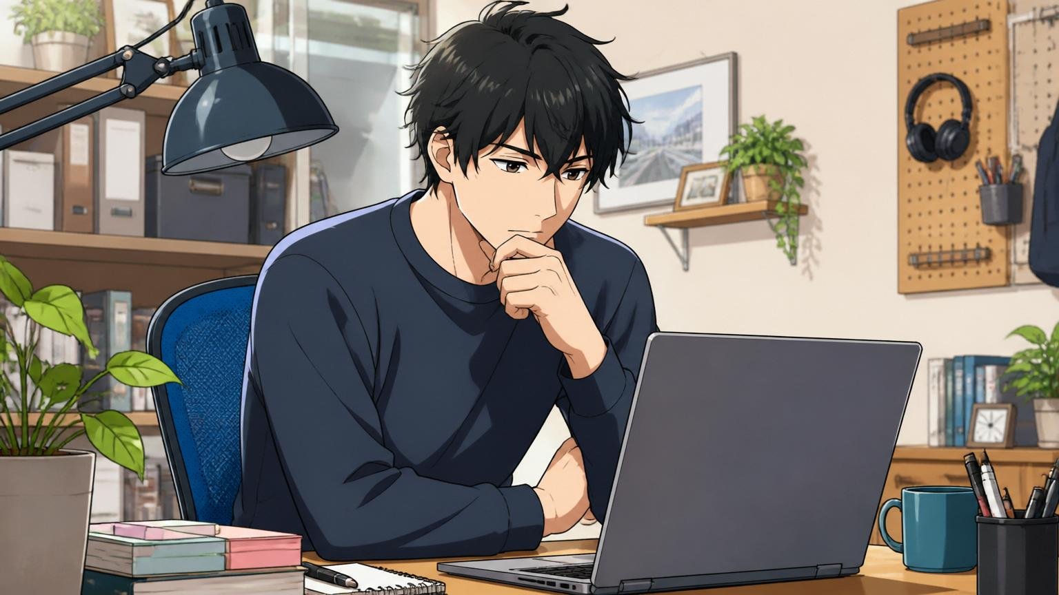 落ちなければ気づけなかったこと。自宅のデスクで30代男性エンジニア1人が静かにノートPCに向かい考えている