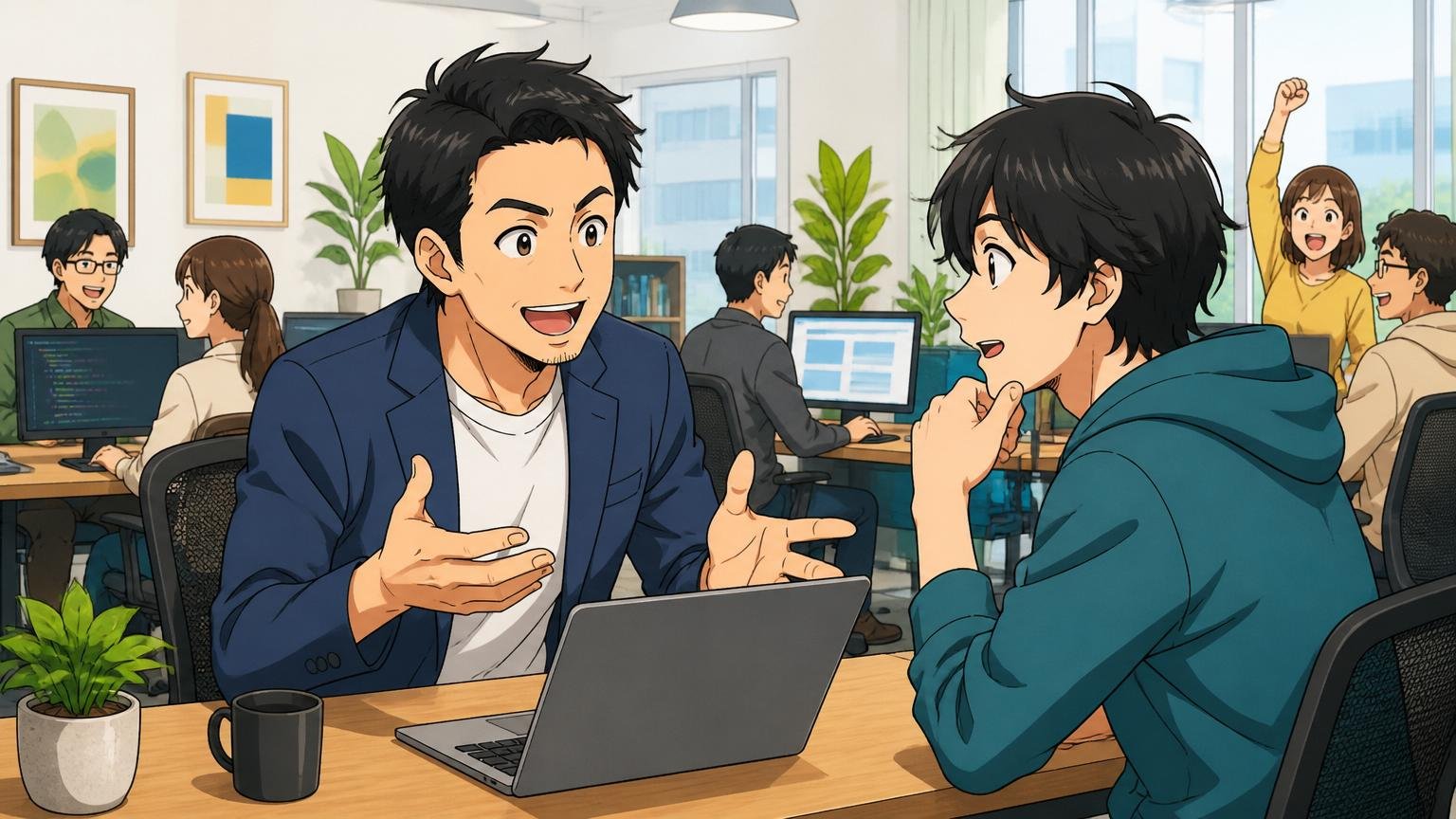 Web系スタートアップのオフィスでエンジニア向け転職エージェントが技術的な相談に答ける30代男性アドバイザー1人と20代後半男性エンジニア1人