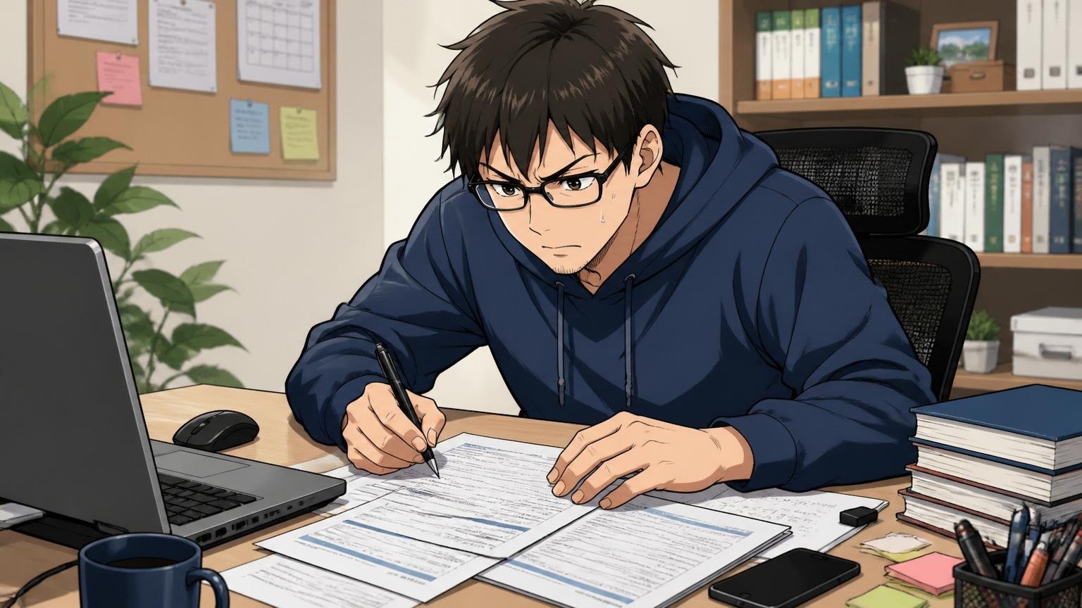 自宅のデスクで30代男性エンジニアが、職務経歴書を書き直しながら真剣な表情で集中する様子