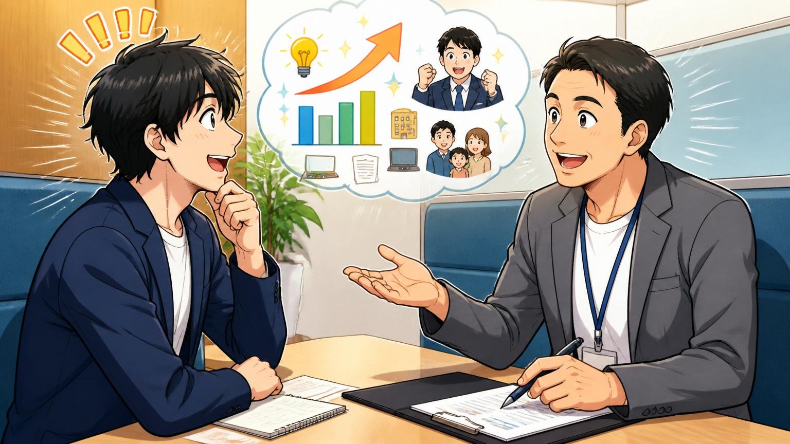 エージェントに相談すると何が変わるか。エージェント面談ブースで30代男性1人と相談相手1人。相談中