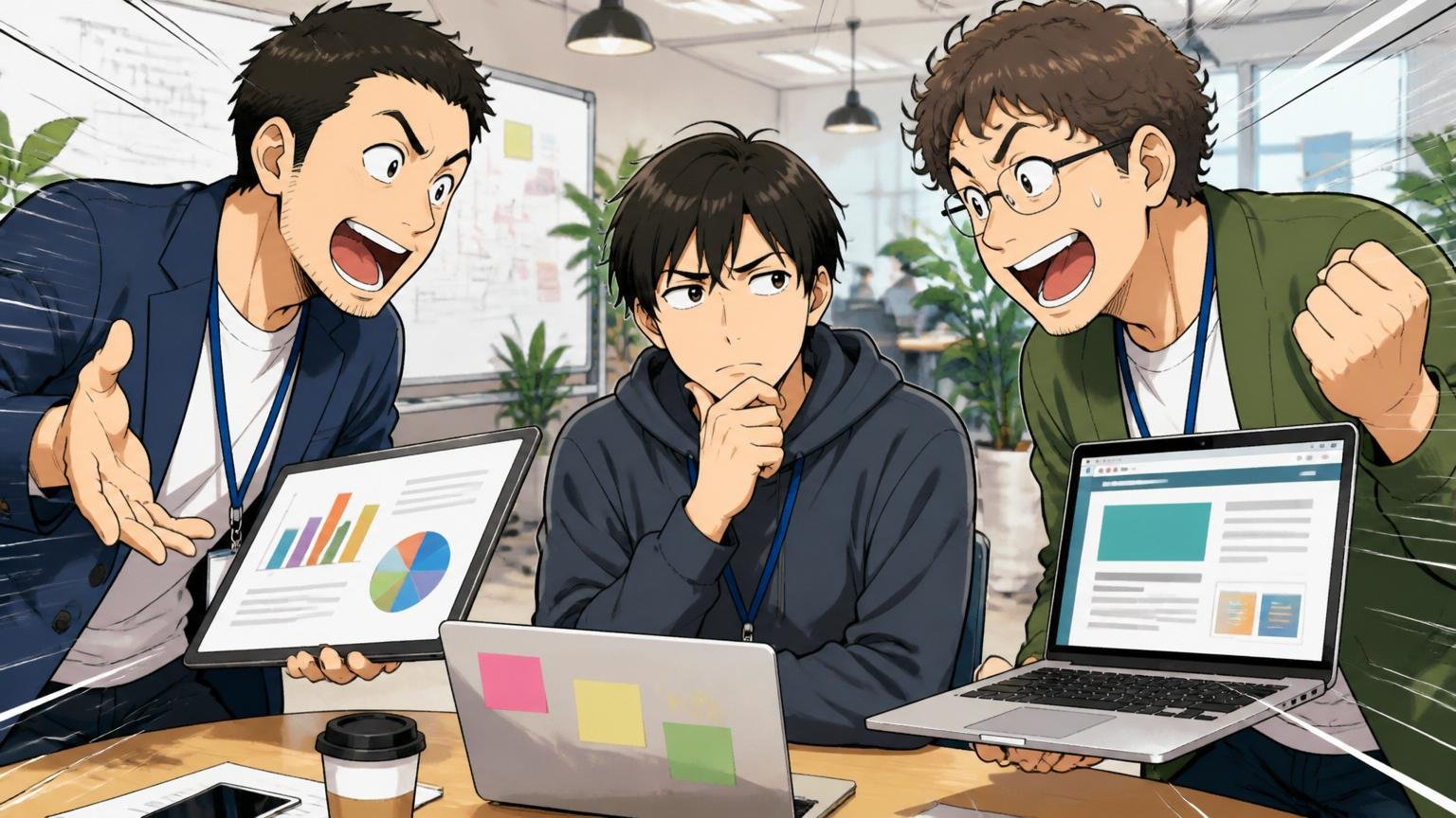 Web系スタートアップのオフィスで複数の企業の採用担当2人がIT経験者1人を熱心にスカウトする商談シーン