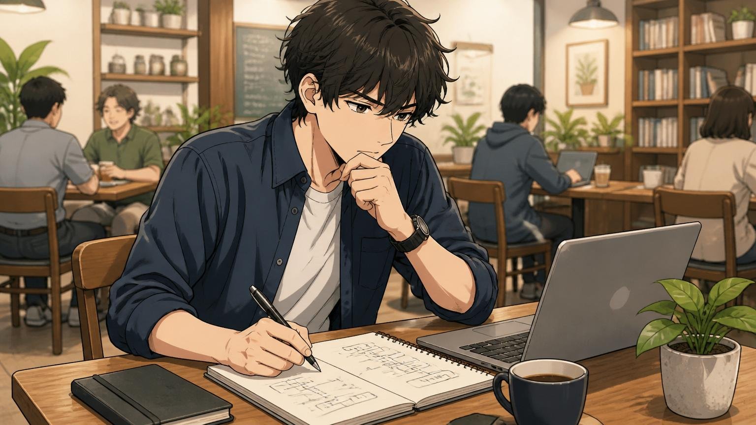 日立社会情報サービスでなければ叶えられない願望ですか カフェのテーブルでノートに書き出すITエンジニア1人 静かに考え込む表情