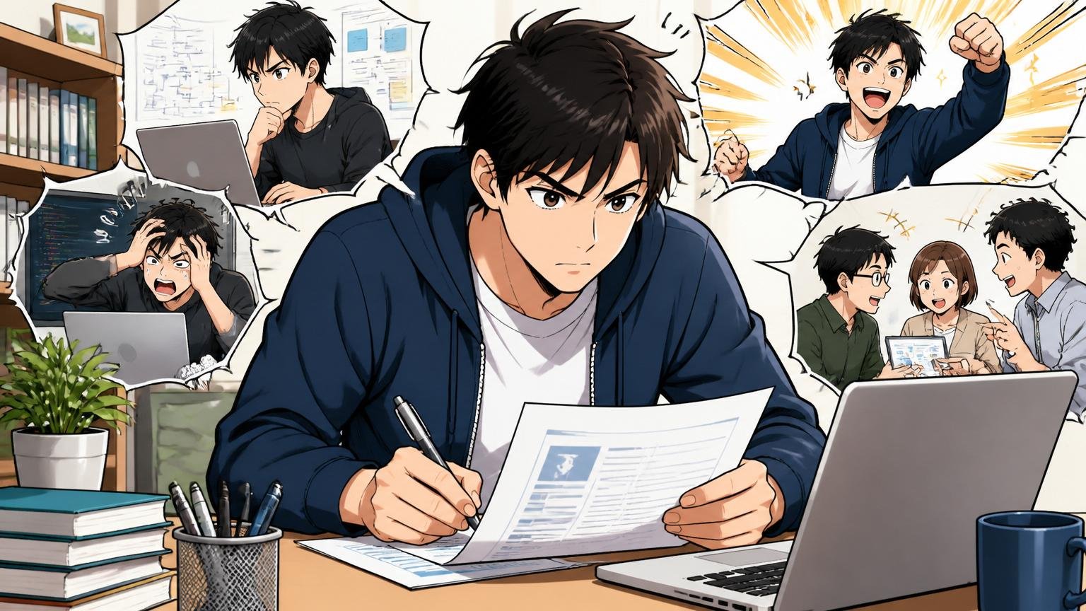 職務経歴書を課題解決ストーリーに書き換える｜自宅デスクで書類を作成する30代男性エンジニア、集中する表情