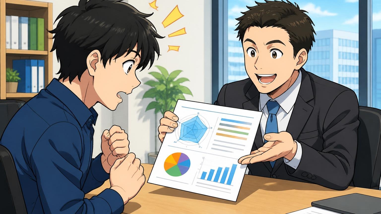 自分の市場価値を知る。転職エージェントのオフィスでアドバイザーと男性エンジニアが面談する