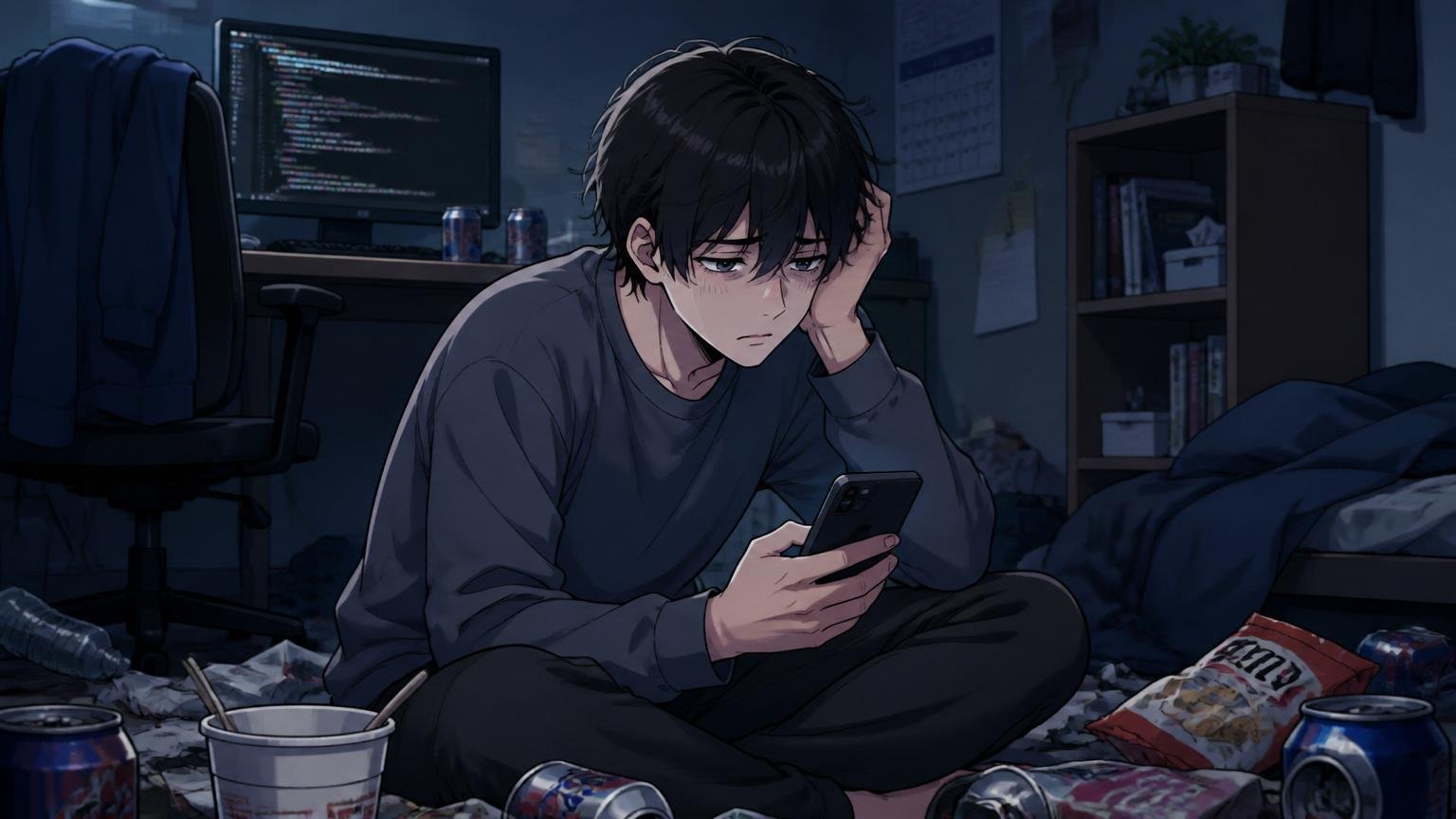 落ち込んで活動が止まってしまった20代エンジニア、暗い自宅の部屋でスマホを見つめる