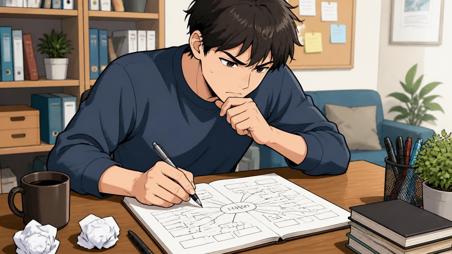 落ちた原因を紙に書き出して整理する、自宅デスクでノートに原因を書き出す男性、1人、集中した表情