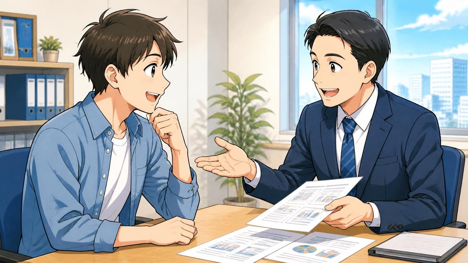 転職エージェントのアドバイザーと笑顔で面談する相談者。転職エージェントのオフィスで資料を見ながら話す2人