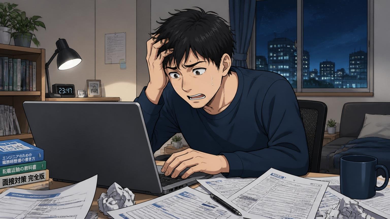 一人で抱え込む難しさ、夜の自宅で一人パソコンに向かい転職活動に行き詰まって悩む30代男性エンジニア