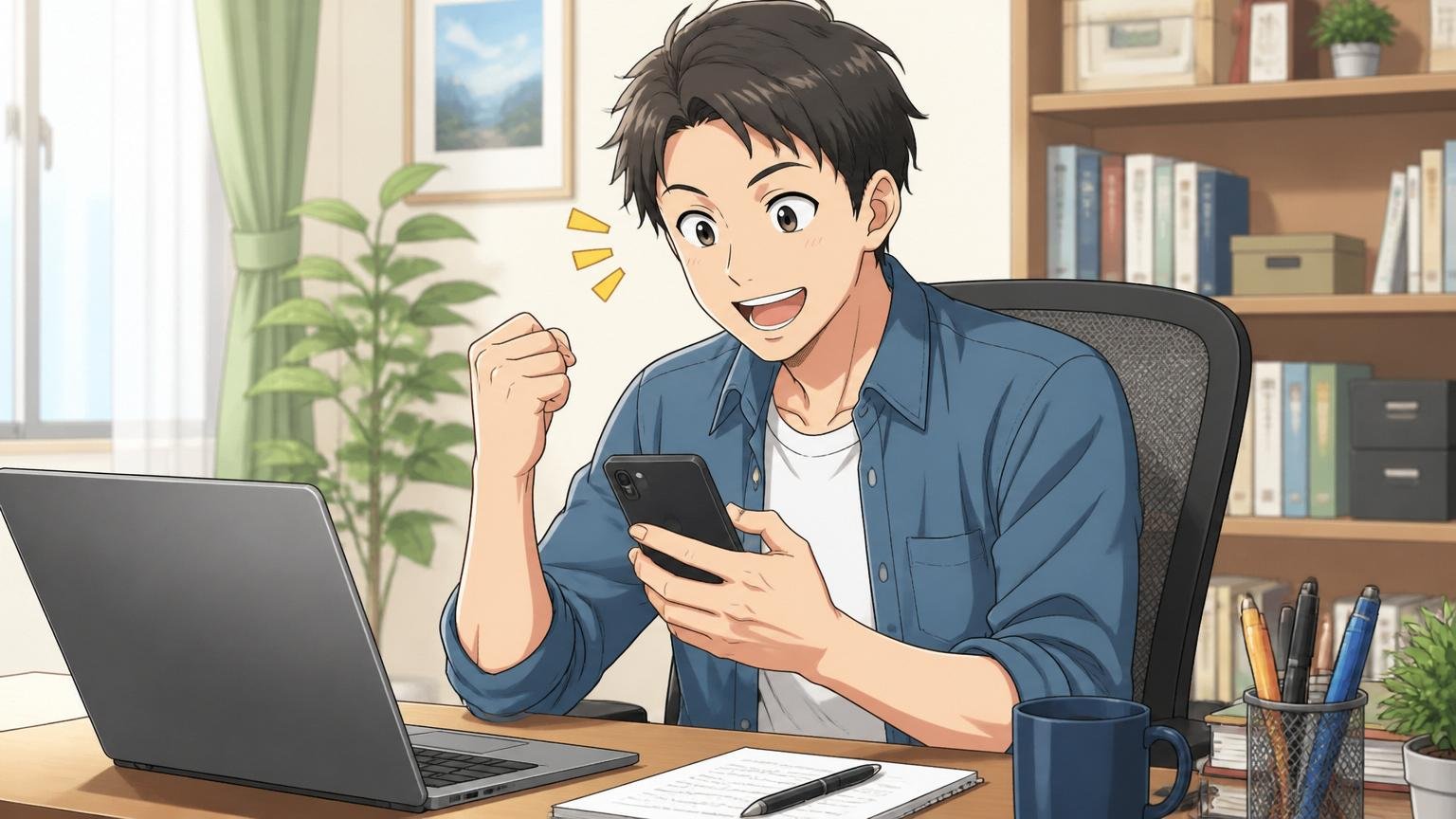 自宅のデスクで前向きな表情でスマホから転職エージェントに無料相談を申し込む20代後半男性エンジニアの場面
