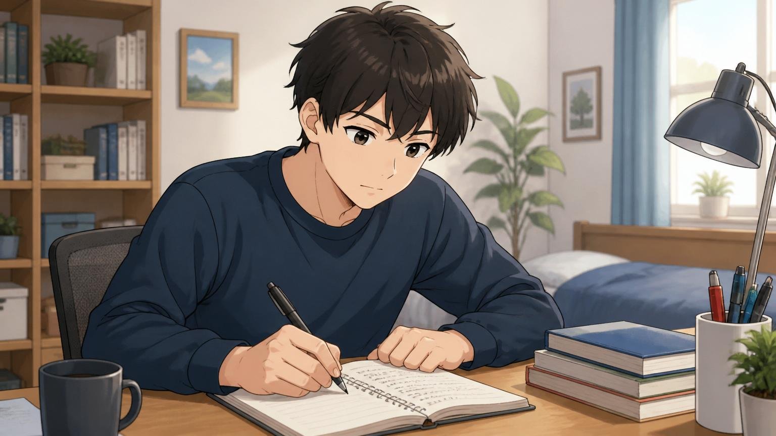 STEP1落選理由を言語化して受け止める、自宅のデスクでノートに振り返りを書く20代男性、落ち着いた表情