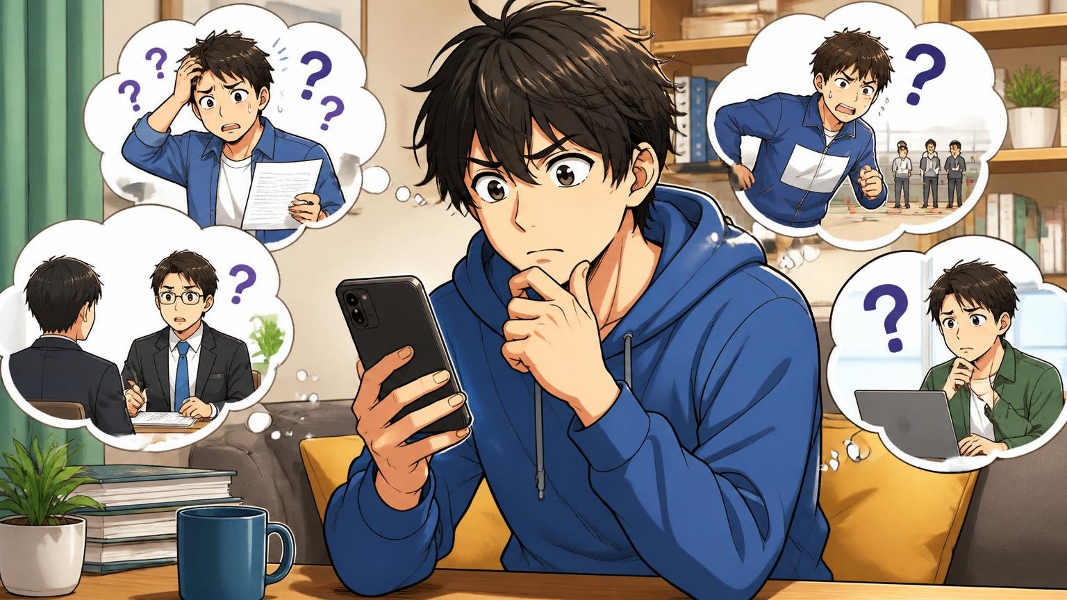 バルテスの再挑戦と選考についてのよくある質問。自宅でスマホを見ながら考える20代の人物の場面
