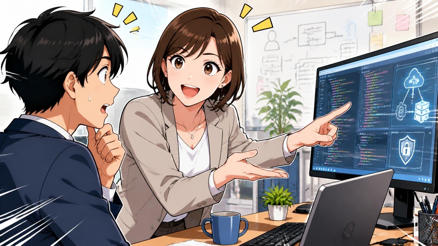 IT特化型を選ぶ理由を、オフィスで30代女性アドバイザーが技術的に助言する場面