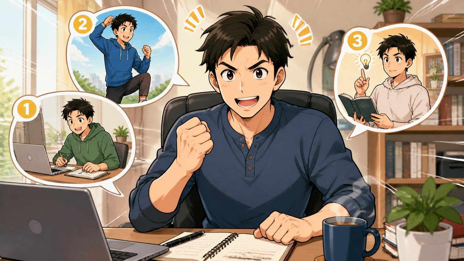 今日からできる3つの小さな一歩。自宅のデスクで1人のエンジニアが前を向いて新たに行動を始める明るい表情