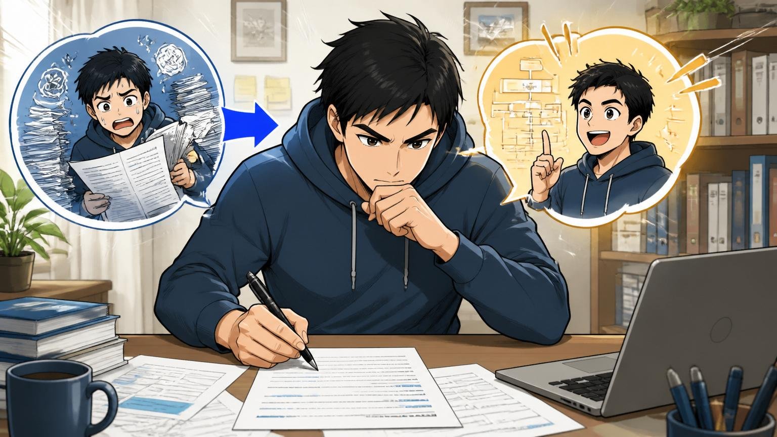 職務経歴書を「やったこと」から「解決したこと」へ。自宅デスクで職務経歴書を書き直すエンジニア1人、集中した表情