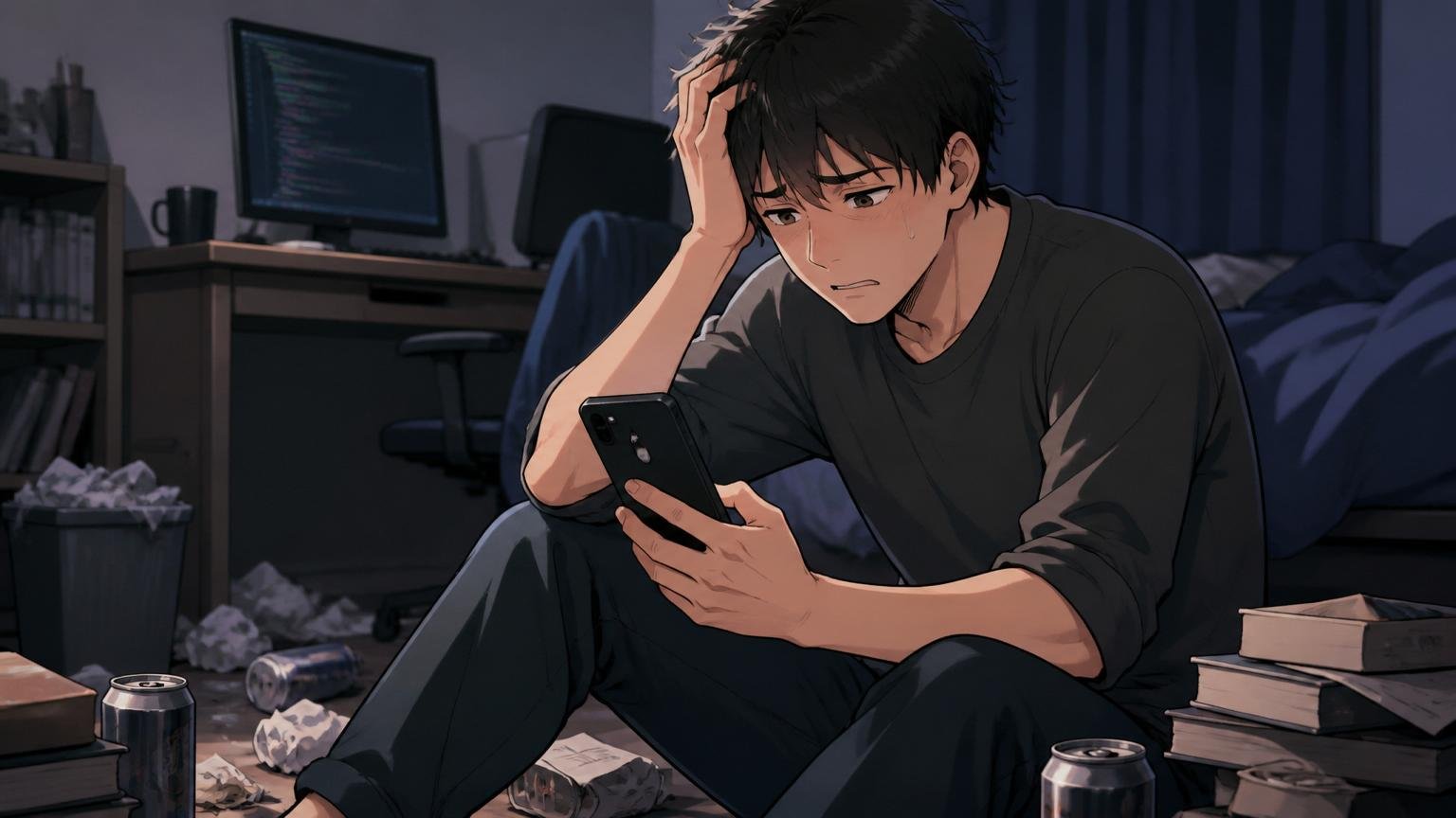 自宅の暗い部屋で一人スマホを見ながら転職に悩み自己評価を下げてしまう20代男性エンジニア