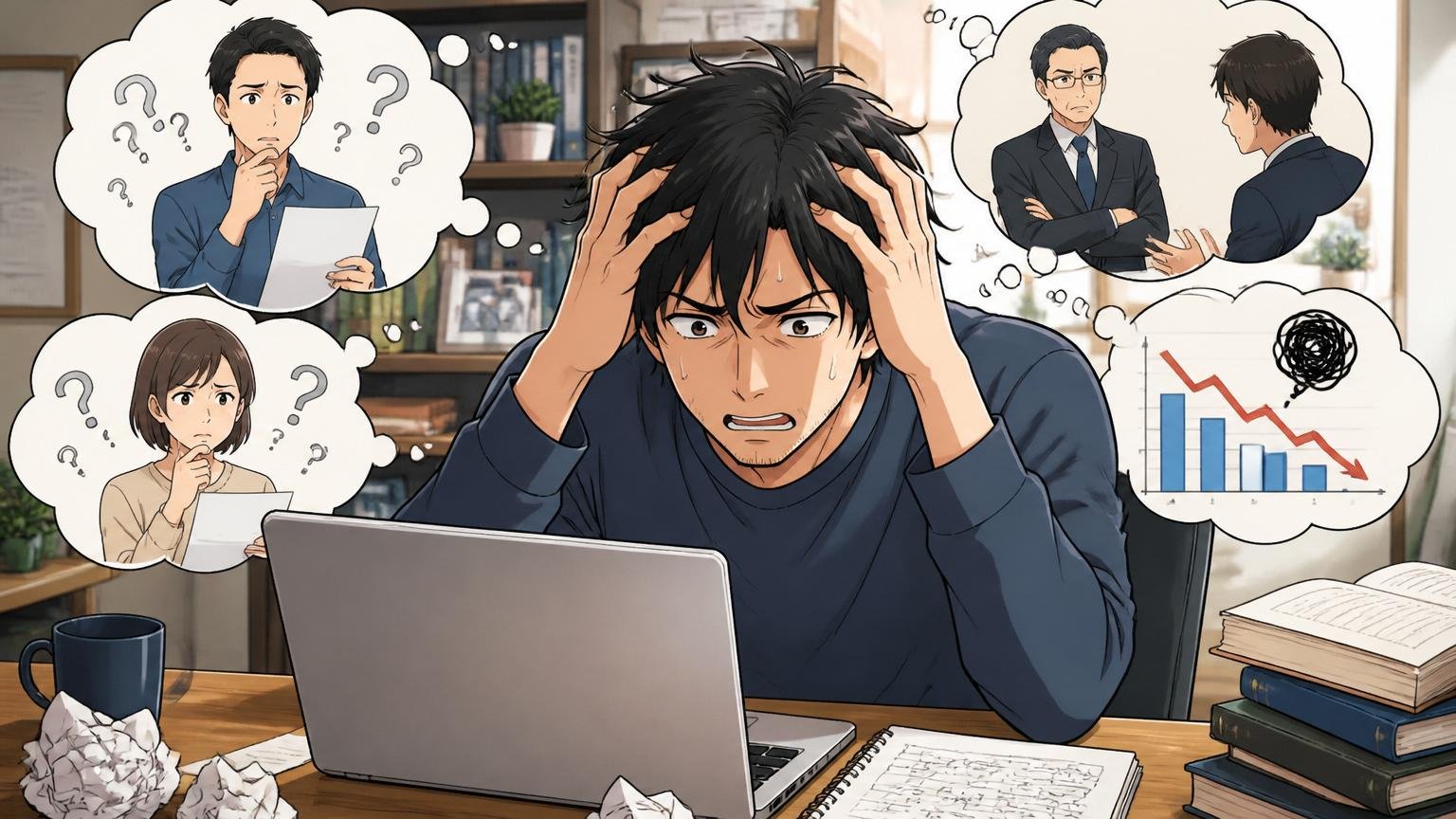 なぜ自己分析だけでは落ちた原因が分からないのか。自宅で一人頭を抱えて悩む30代男性ITエンジニア