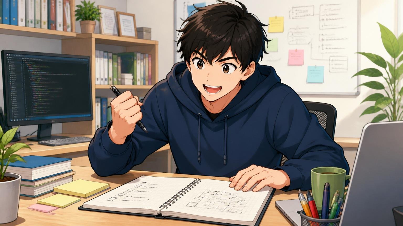 自宅のデスクでノートに次の行動計画を書き出し、表情が前向きに変わってペンを握り直す20代のエンジニア