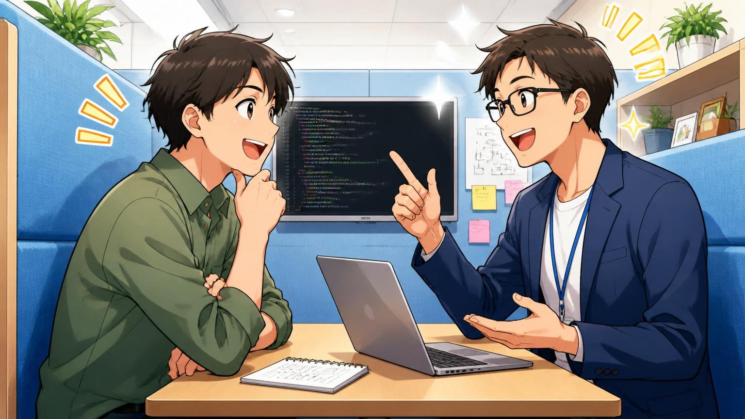 エージェントに相談すると何が変わるのか。面談ブースでアドバイザーと話すエンジニア2人が笑顔で前向き