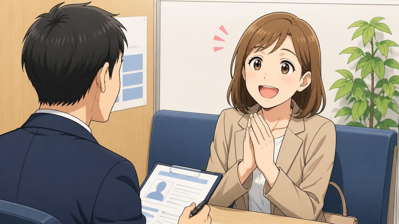 転職エージェントの面談ブースでアドバイザーに相談し安心した表情になる30代女性
