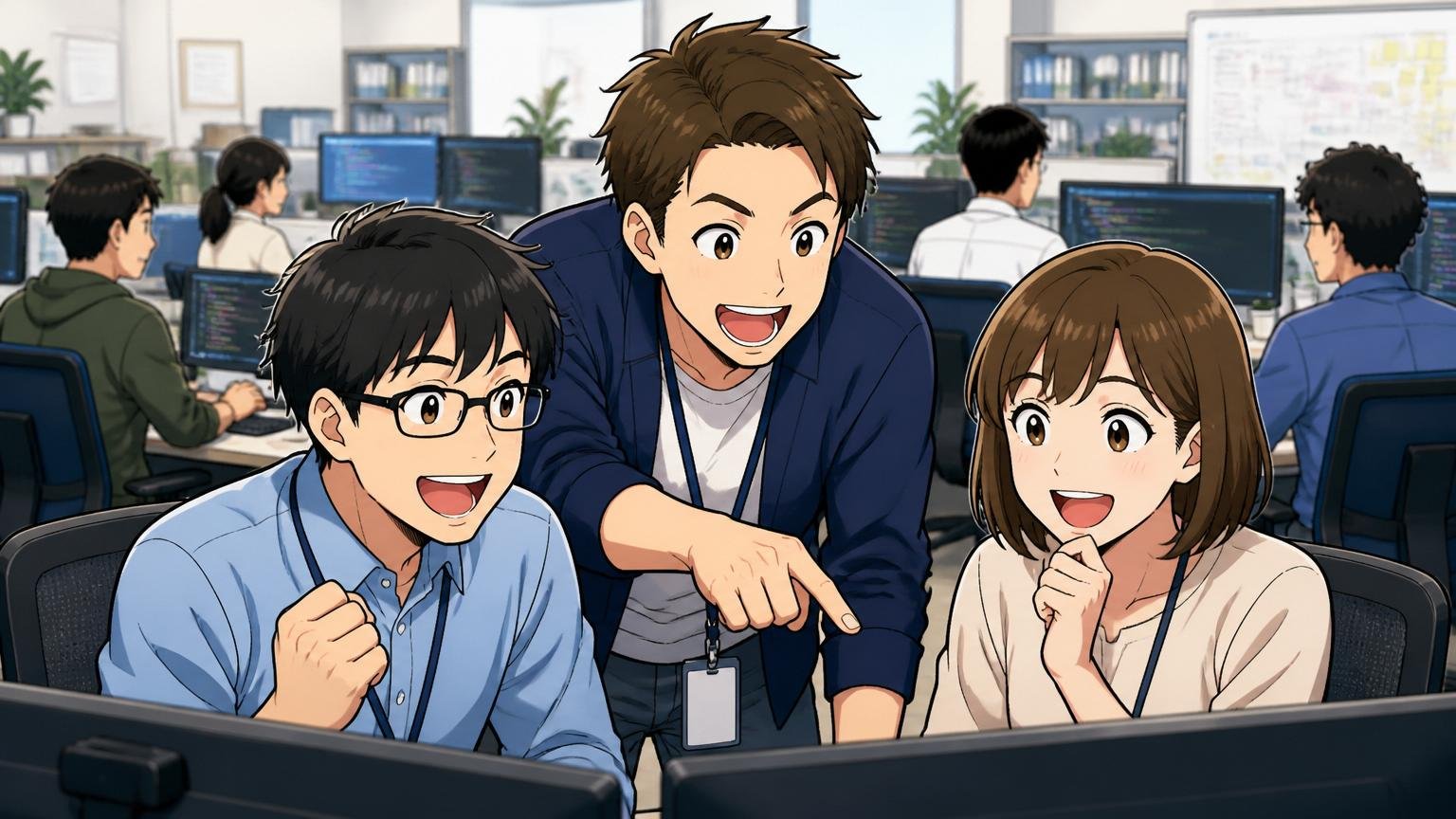NTTデータ先端技術が向いている人。SIerのオフィスで安定して働き笑顔のエンジニア3人