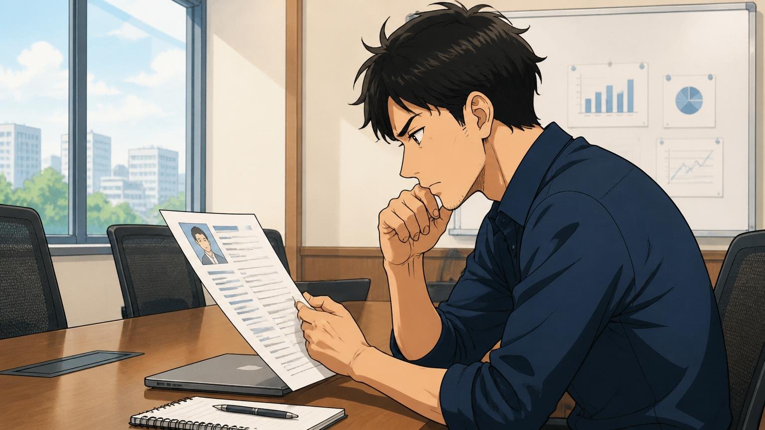 企業の会議室で自分の経歴書を前に市場価値を見つめ直す30代エンジニア1人、真剣な横顔