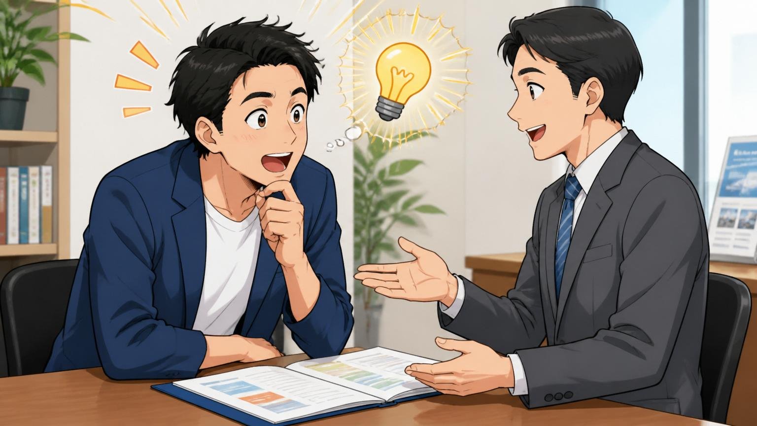 情報収集が判断ミスを防ぐ。転職エージェントの面談室でアドバイザーに相談し、視野が開ける男性2人