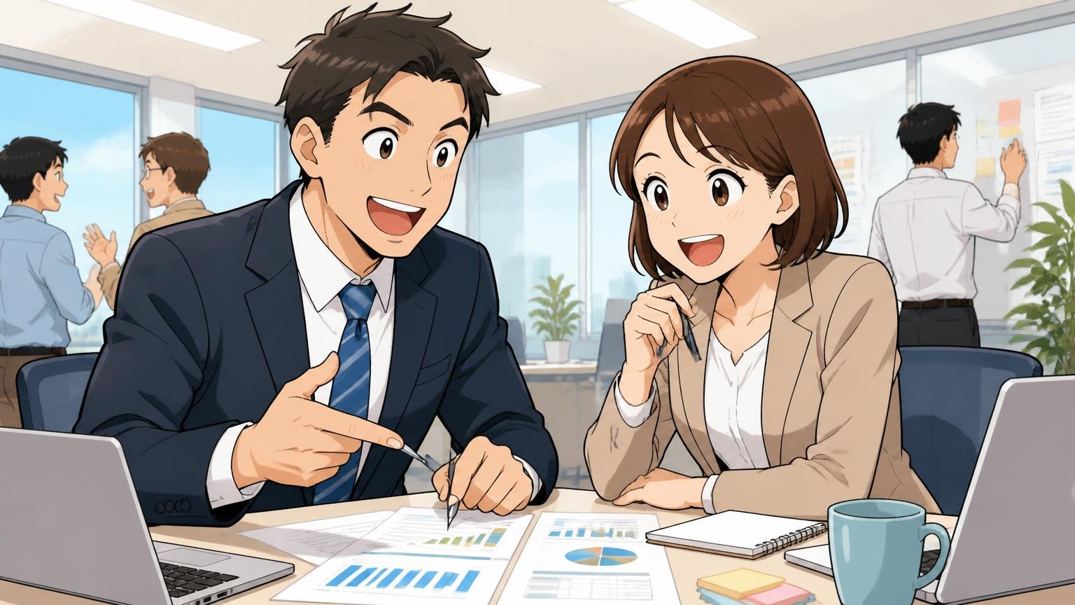 安定志向で長く働ける人が活躍する。明るいオフィスで同僚と打ち合わせをする30代の男女社員