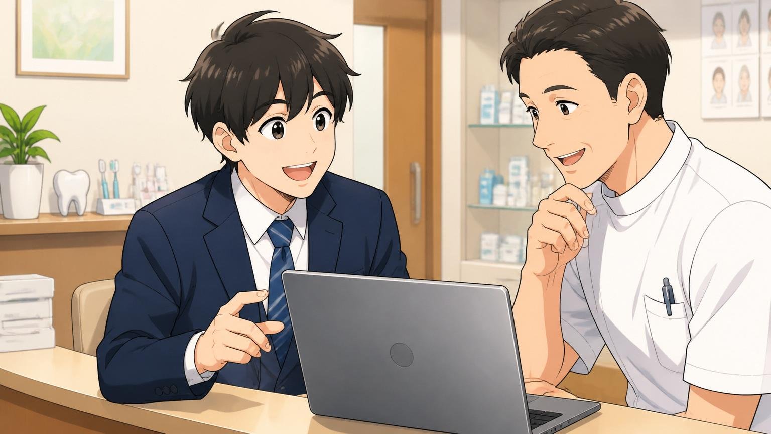向いている人。歯科医院の受付で歯科医師とノートPCを見ながら笑顔で打ち合わせするIT担当の20代男性1人