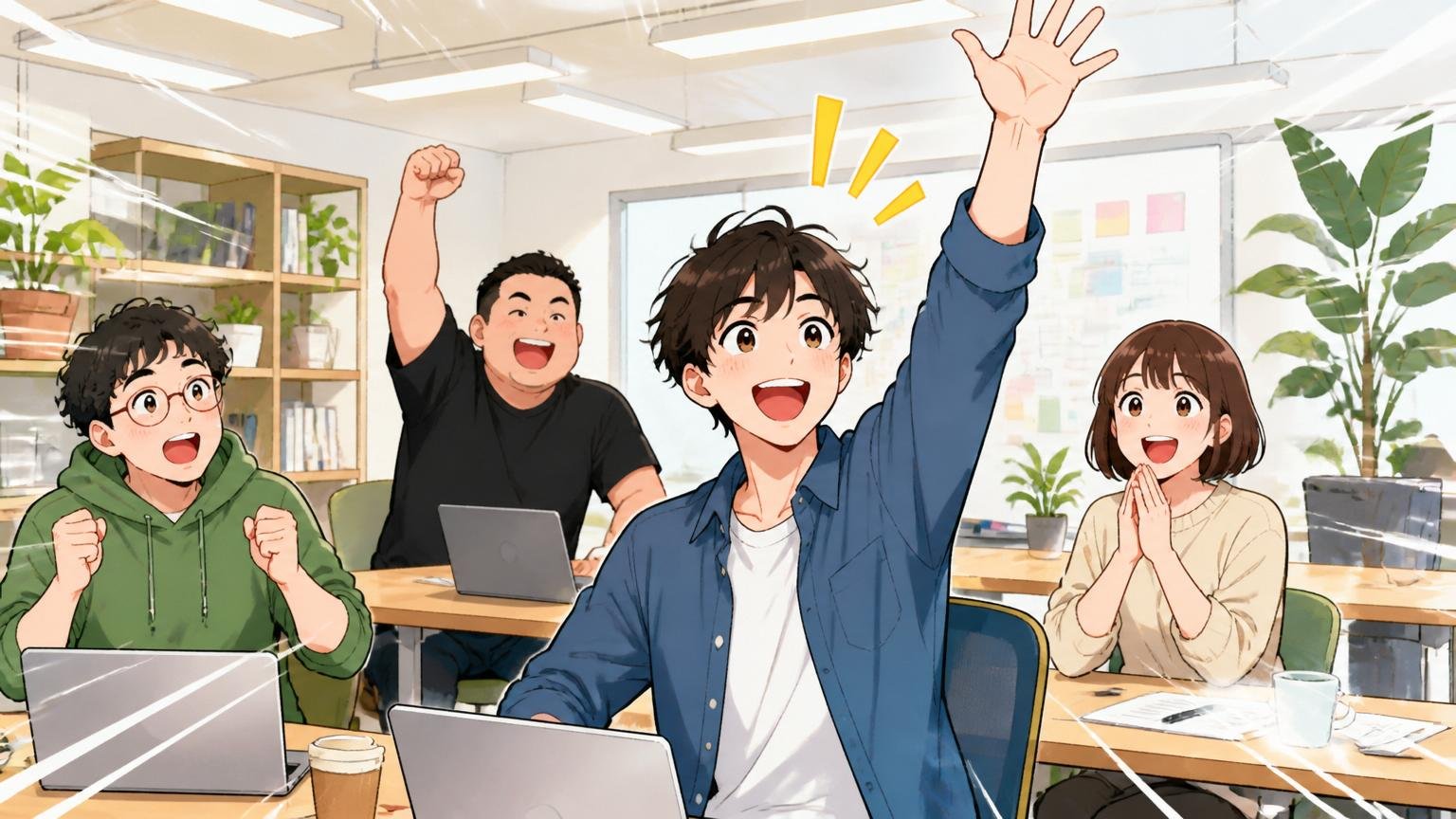 HR系スタートアップの明るいオフィスで、自走できる20代社員が笑顔で挑戦に手を挙げる
