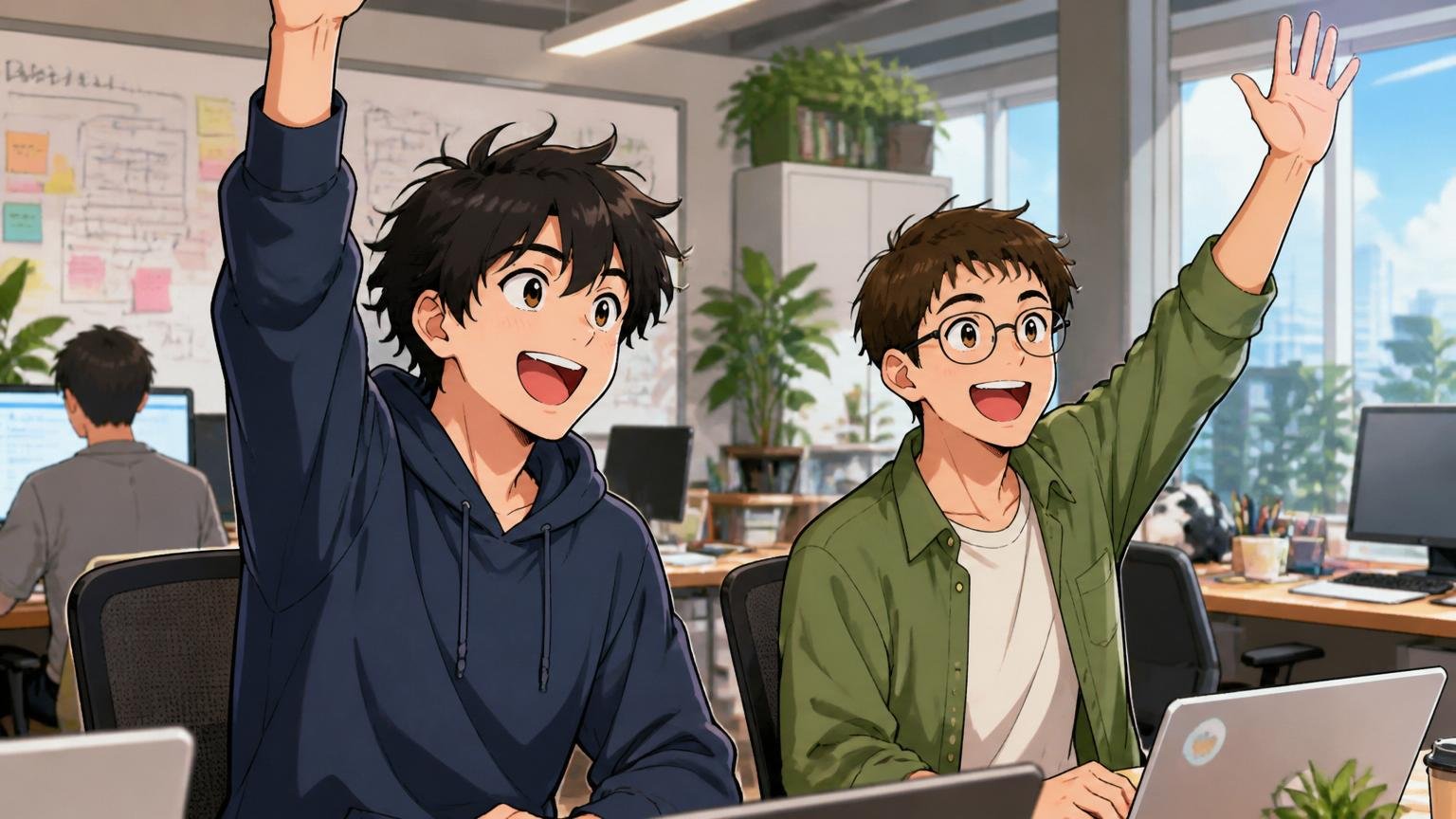 HALに向いている人。Web系スタートアップのオフィスで手を挙げて発言する若手エンジニア2人、前向きな笑顔