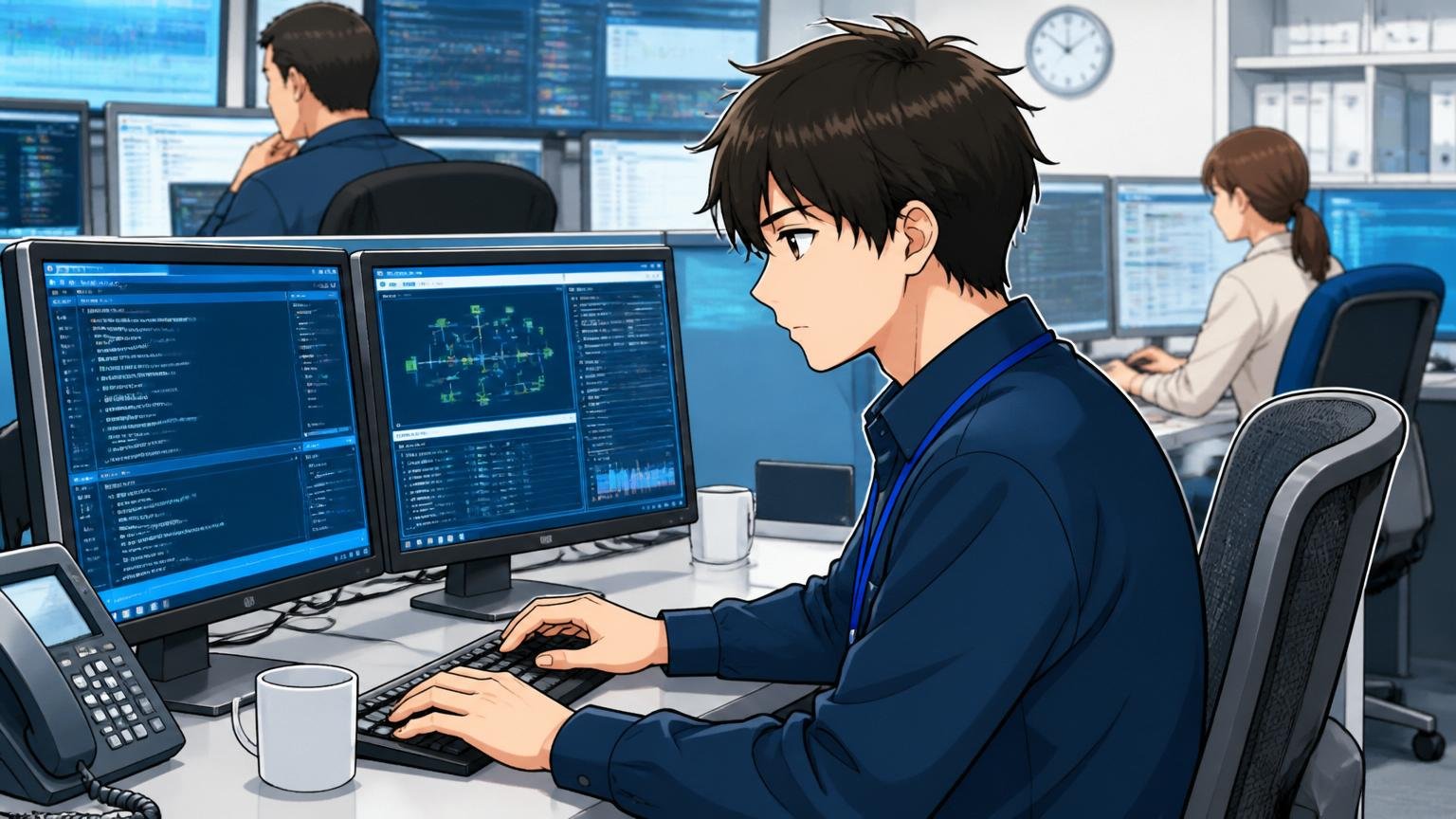 向いている人。SIerの運用現場で落ち着いた表情のエンジニアが黙々とモニターに向かい作業する