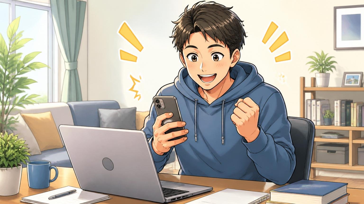 よくある質問FAQ 自宅のリビングのデスクでノートPCとスマホを見ながら転職の疑問を解消し納得した笑顔の若手エンジニア